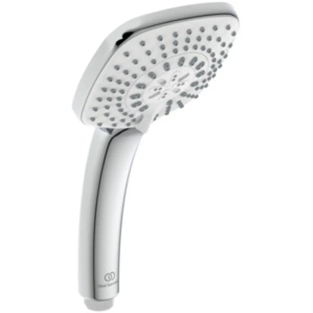 Handbrause in chromfarbener Ausführung von Ideal Standard, mit verschiedenen Strahlarten. Ergonomisches Design, geeignet für die Montage im Badezimmer.